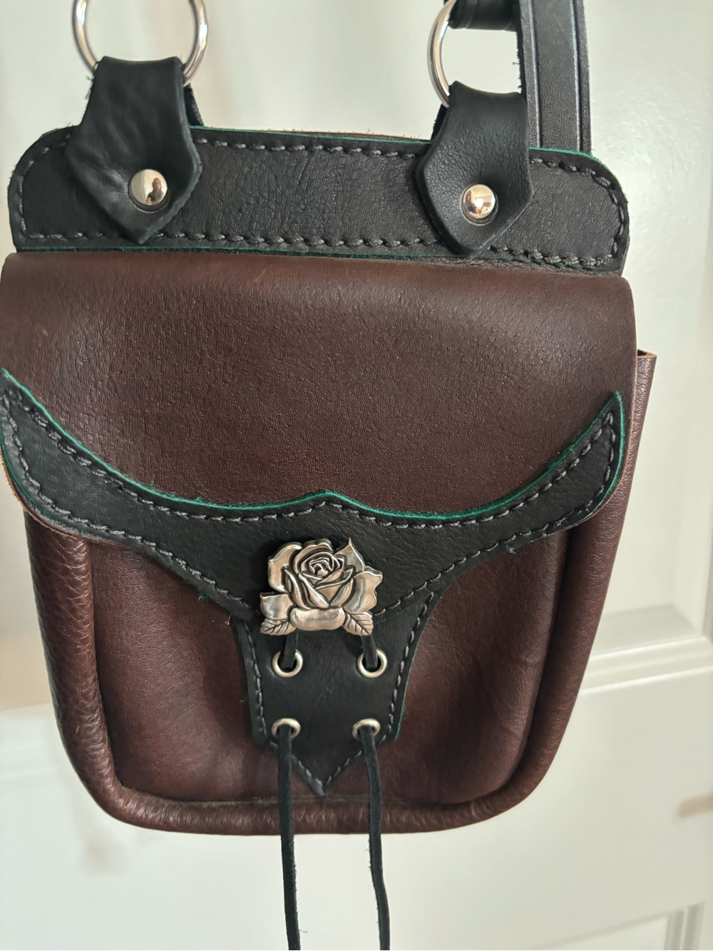 Women’s Renaissance  Brown and Black Leather Crossbody Bag with Rose Accent